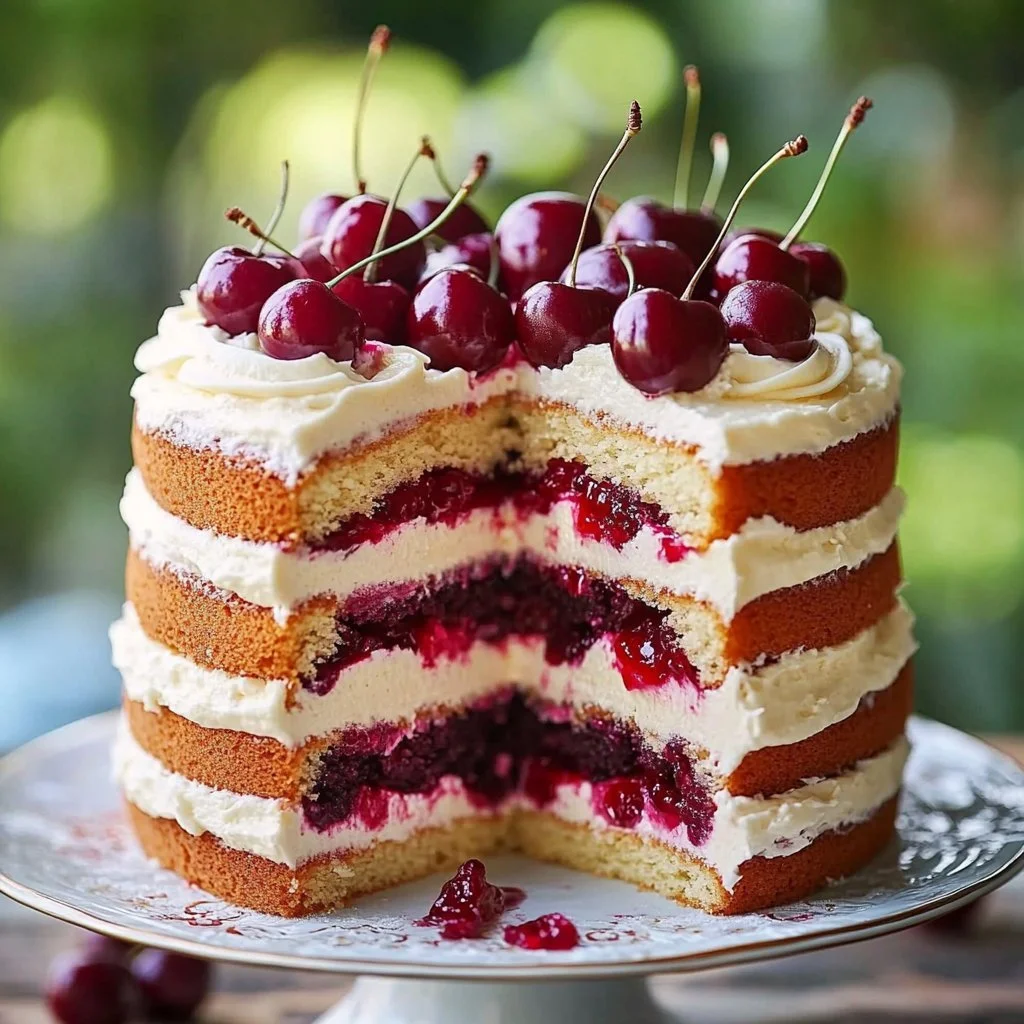 Delicious cherry layer cake with creamy cherry cream cheese frosting