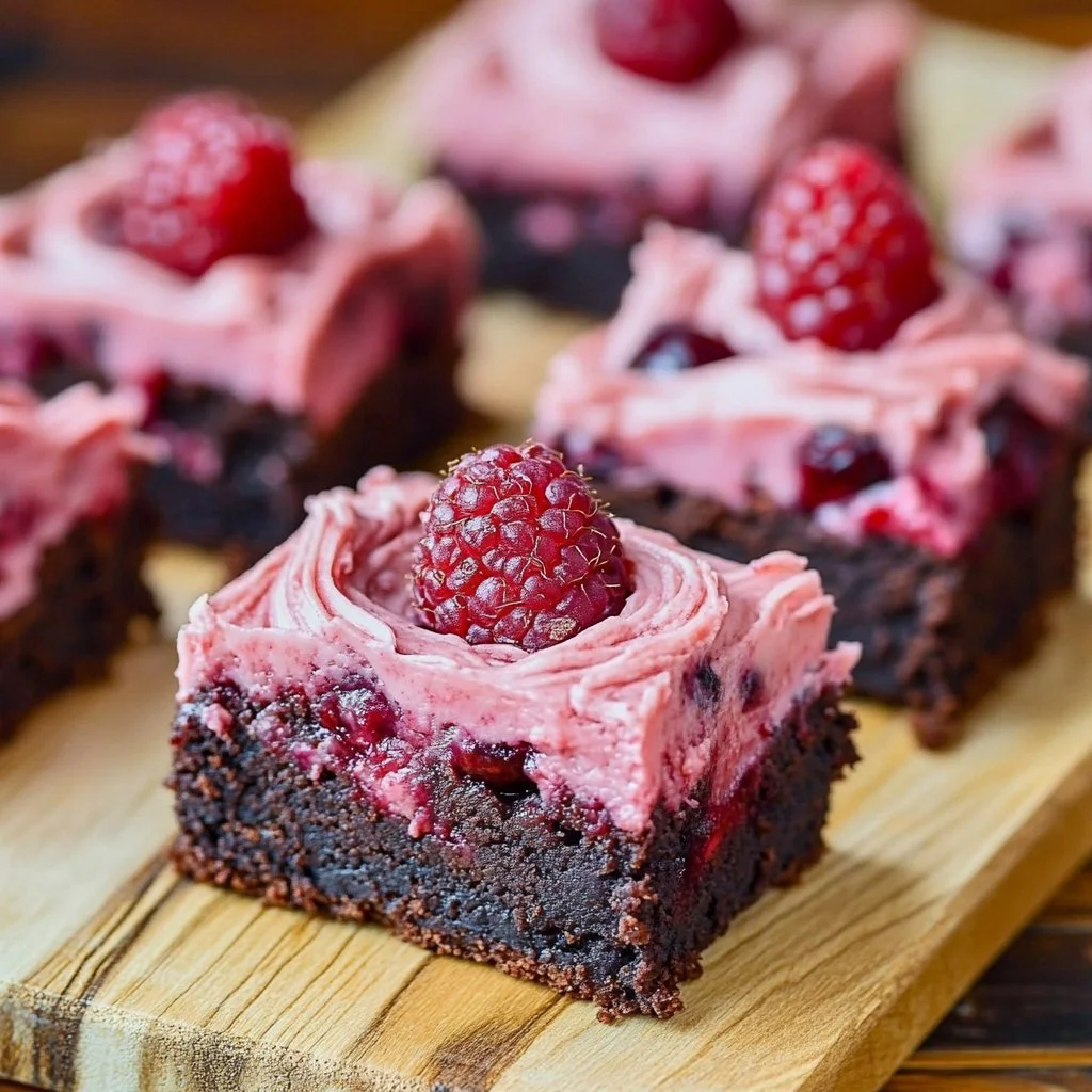Chewy chocolate cherry brownies topped with fresh cherries and chocolate drizzle