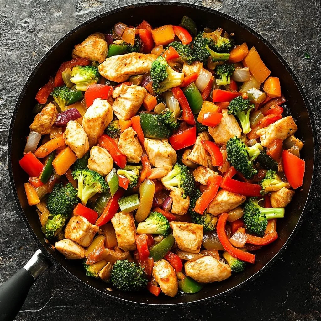 Healthy chicken and vegetables skillet dish served in a pan