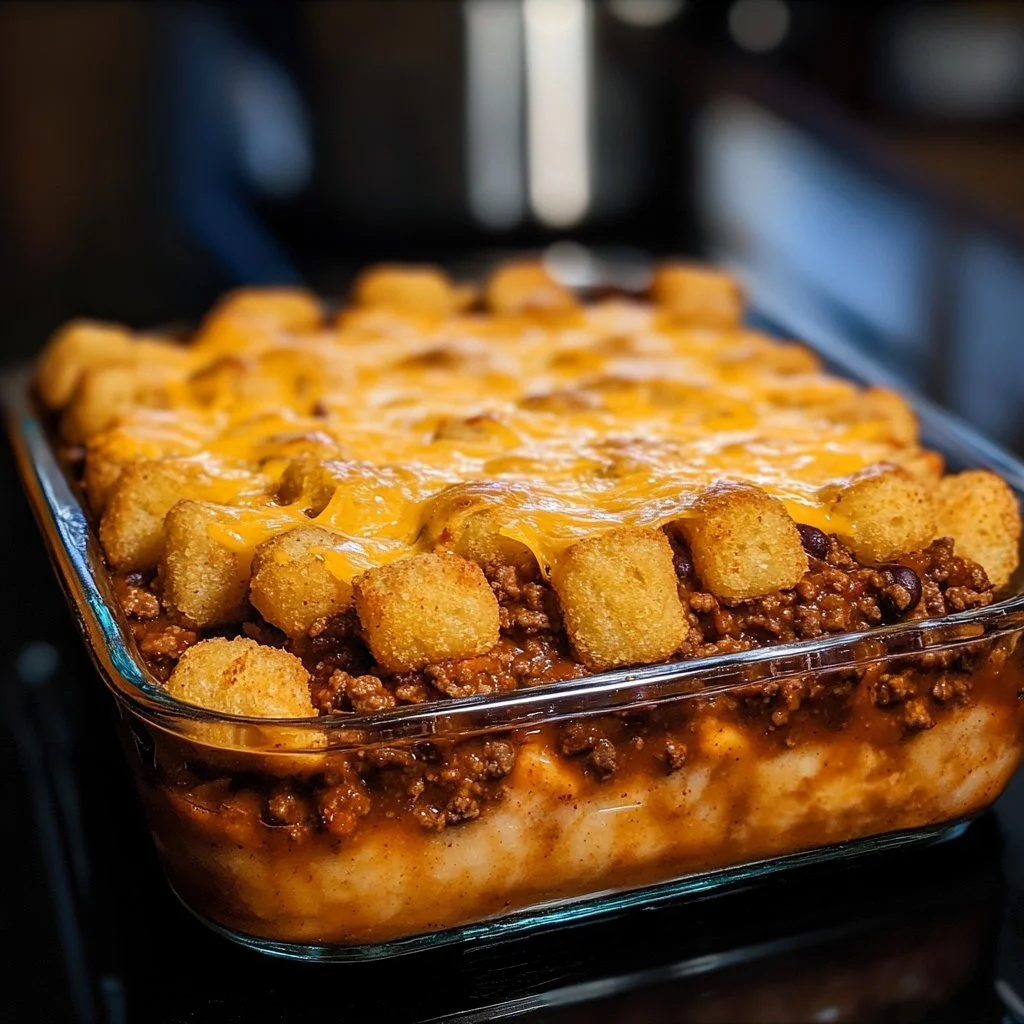 Chili Cheese Tater Tot Casserole topped with melted cheese and crispy tater tots