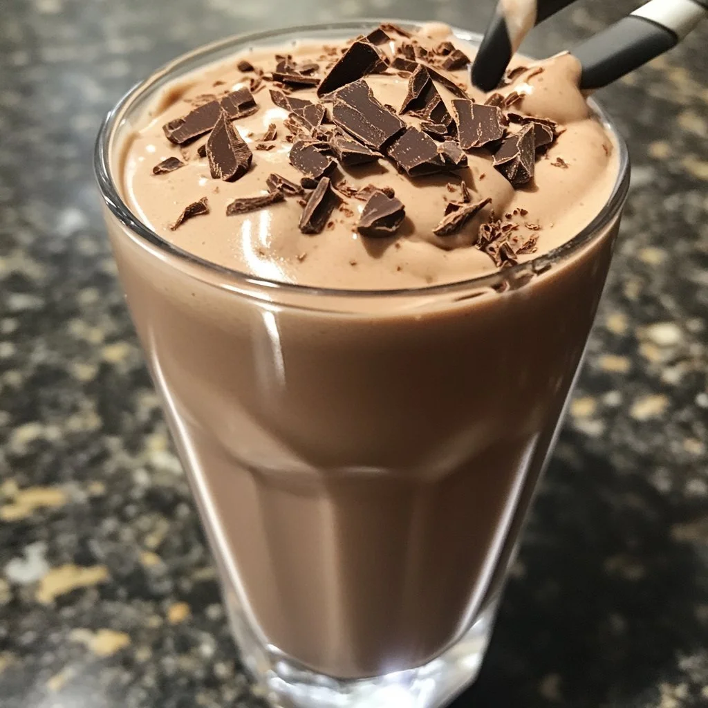 Delicious chocolate milkshake topped with whipped cream and chocolate syrup