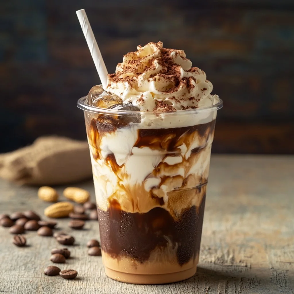 Delicious chocolate peanut butter iced coffee in a glass with ice