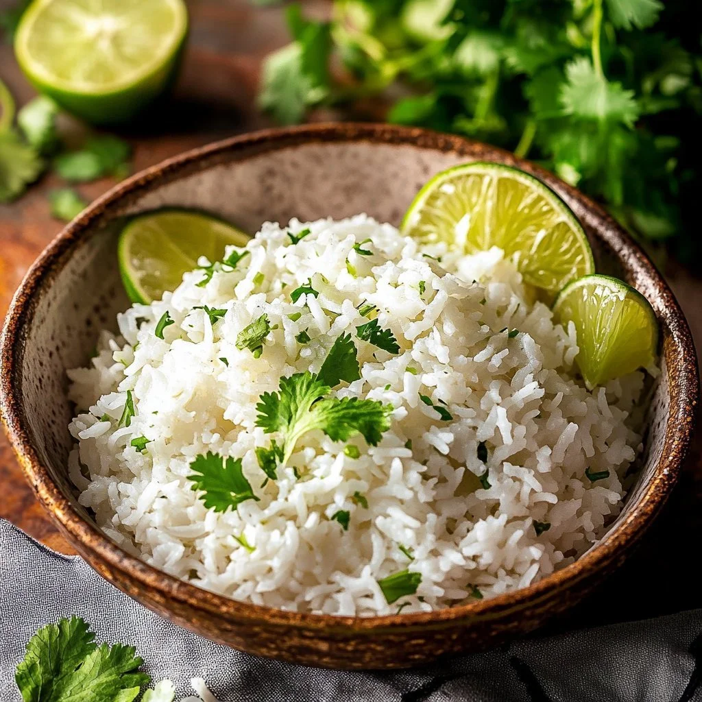 Bowl of Cilantro Coconut Lime Rice garnished with fresh cilantro and lime slices.
