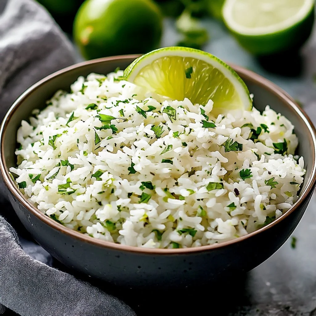 Delicious cilantro lime rice served in a bowl with fresh lime and cilantro garnish.