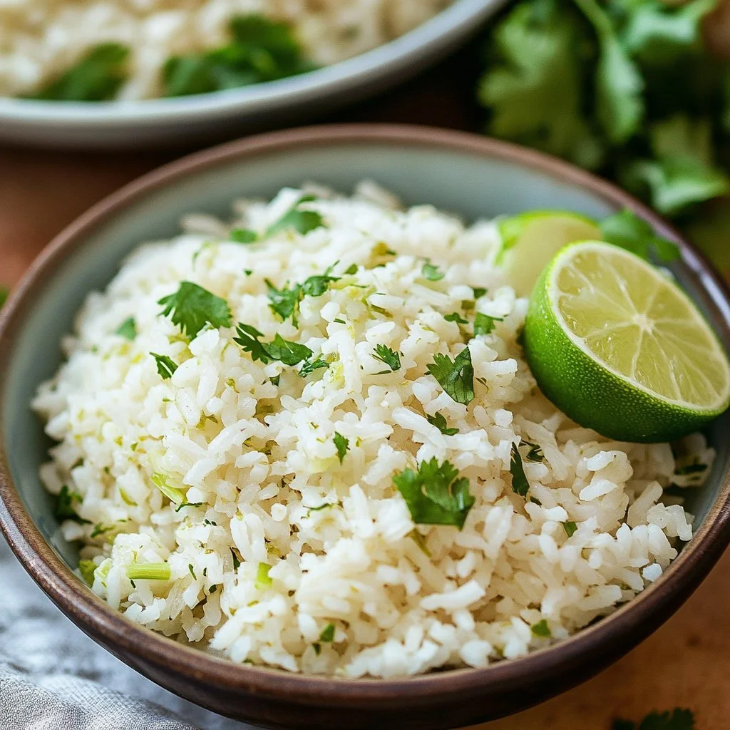 Bowl of cilantro lime rice garnished with lime wedges and cilantro leaves