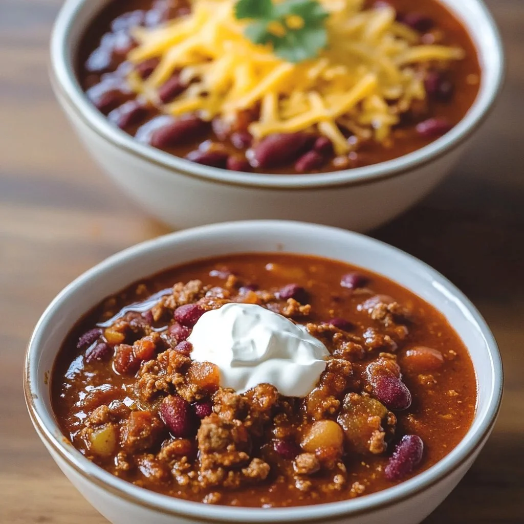 Bowl of classic homemade chili with beans and spices, ready to serve.