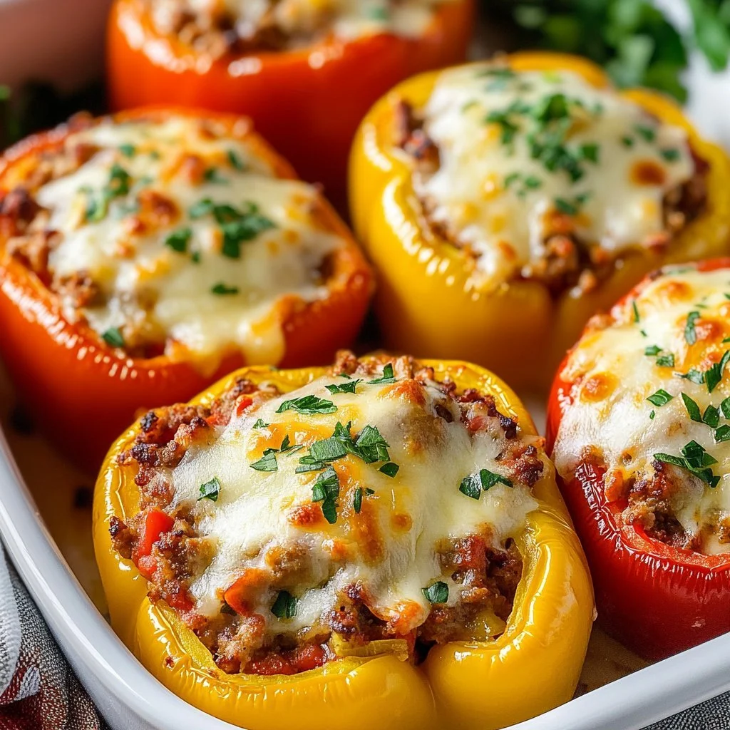 Delicious classic stuffed peppers filled with rice and meat, topped with cheese.