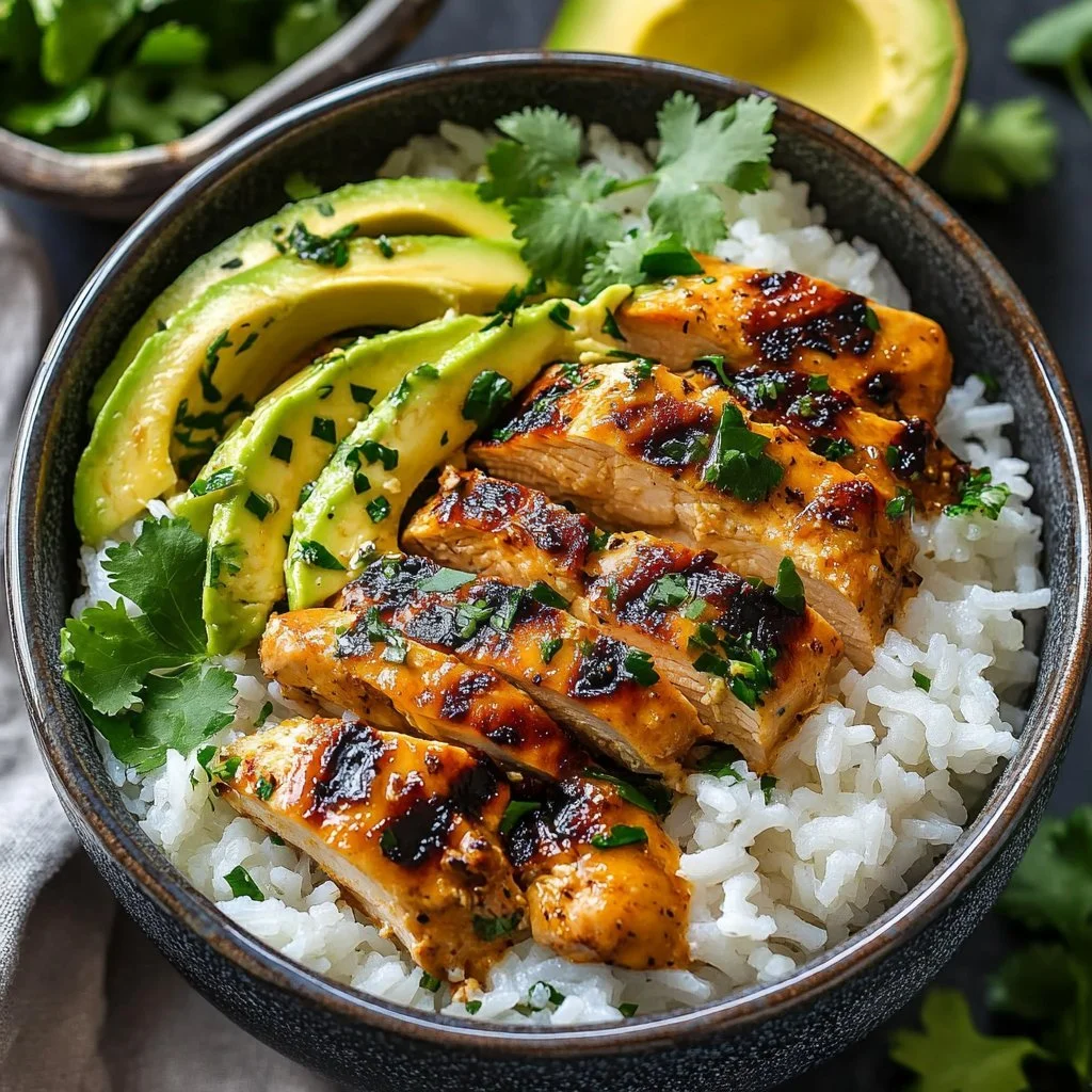Delicious Coconut Chicken Rice Bowl with tender chicken and coconut rice