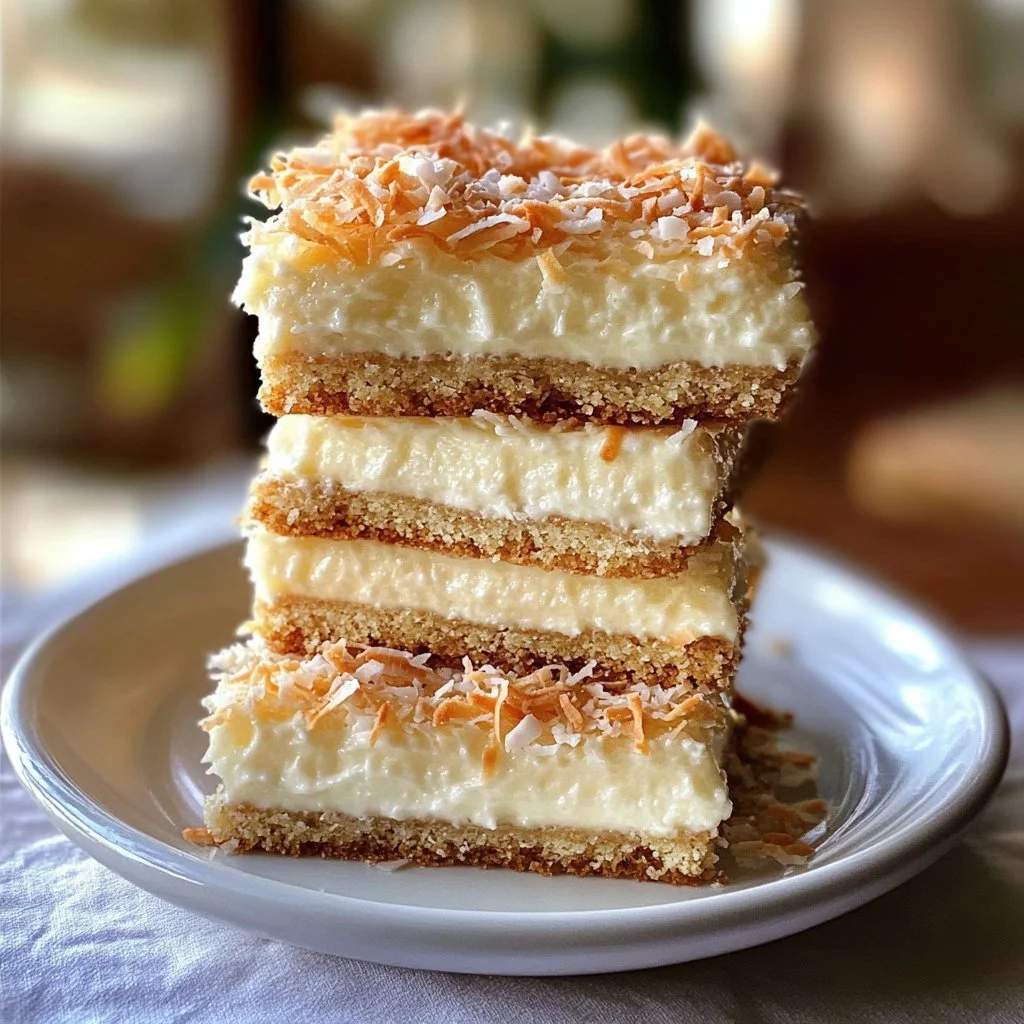 Delicious Coconut Cream Bars topped with shredded coconut and cream