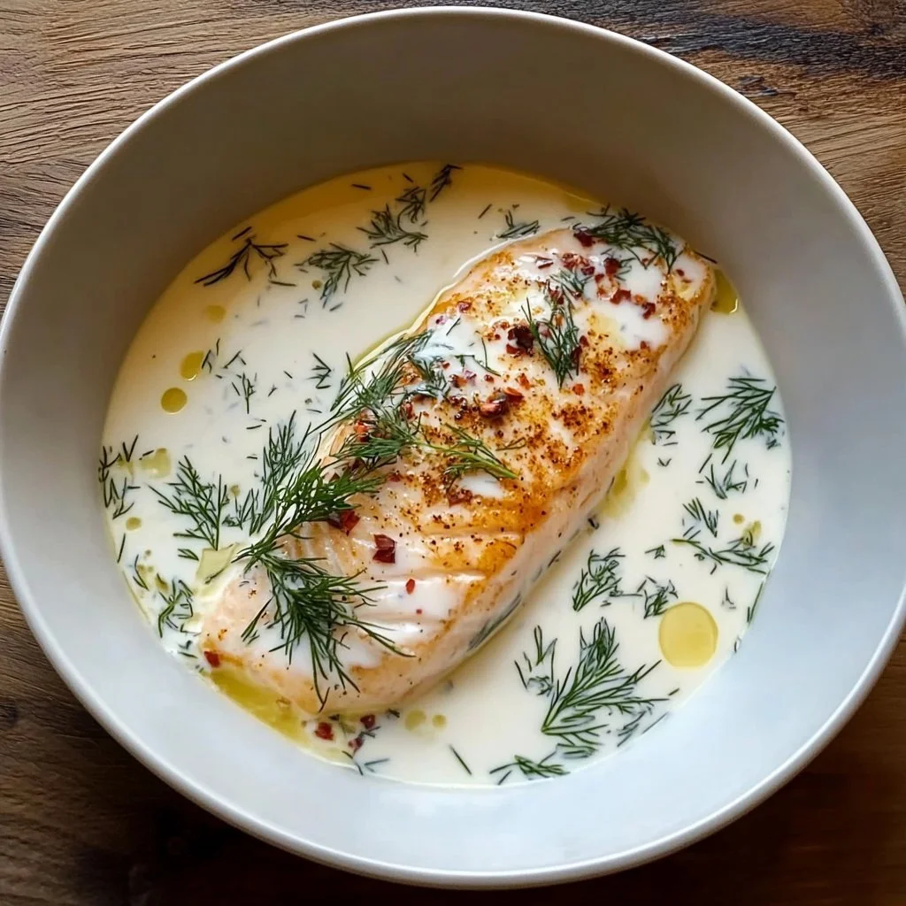 Coconut Dill Poached Cod served with fresh herbs and coconut sauce on a plate