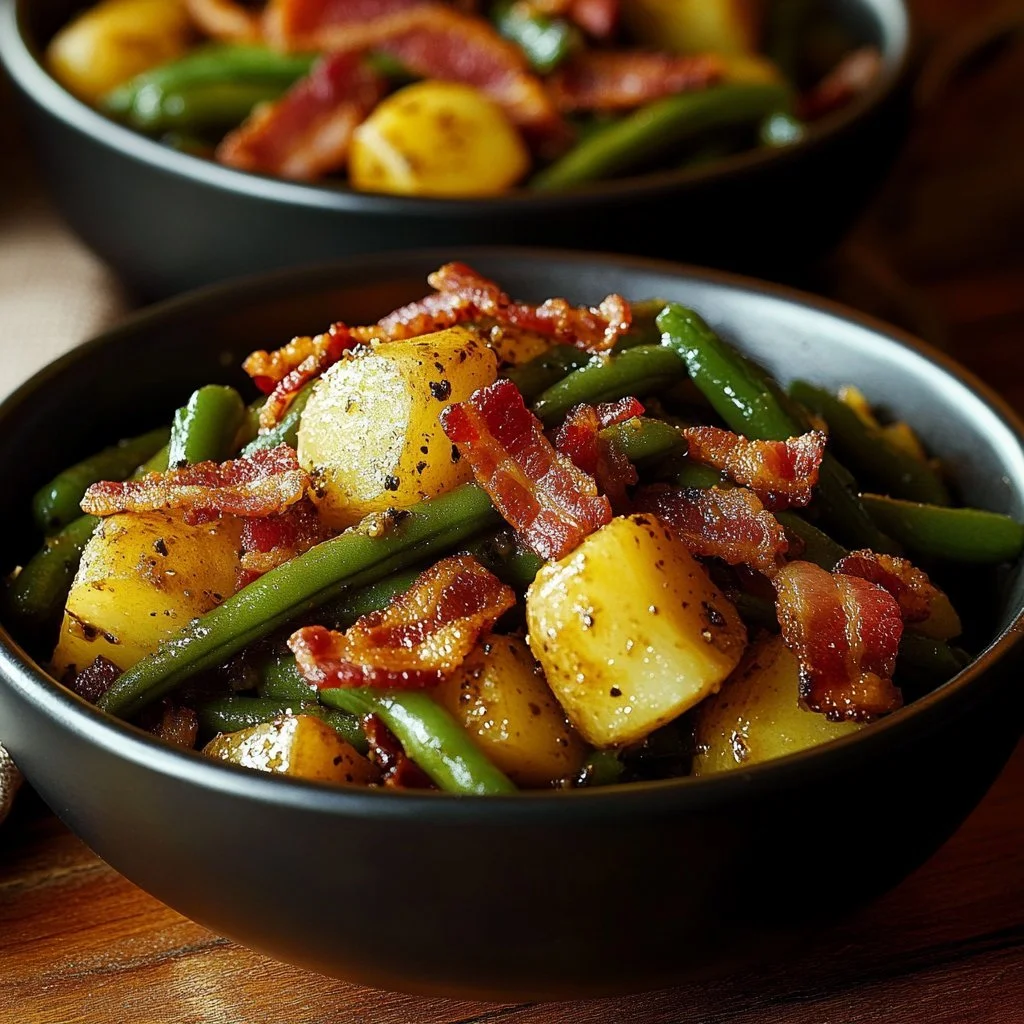 Bowl of Country Ranch Green Beans and Potatoes with Bacon served on a rustic table