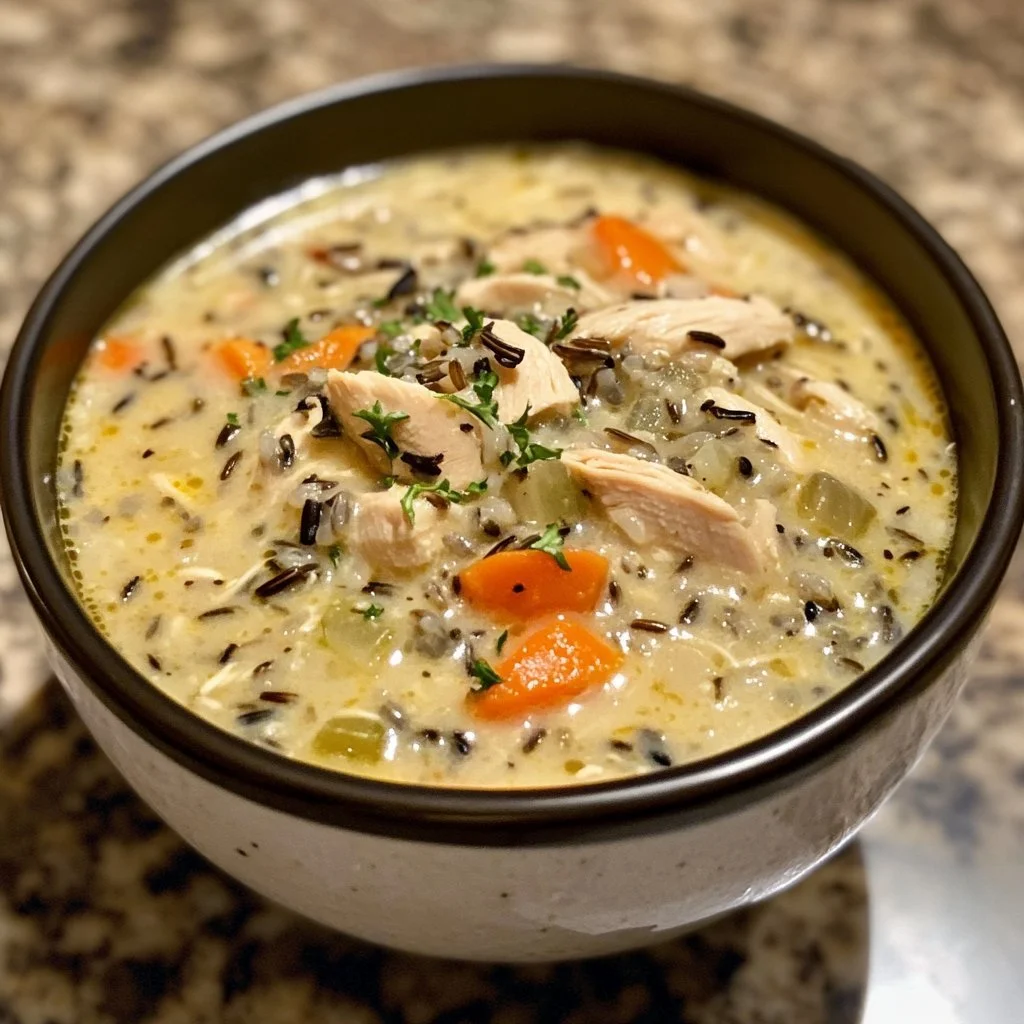 Bowl of creamy chicken and wild rice soup garnished with herbs.