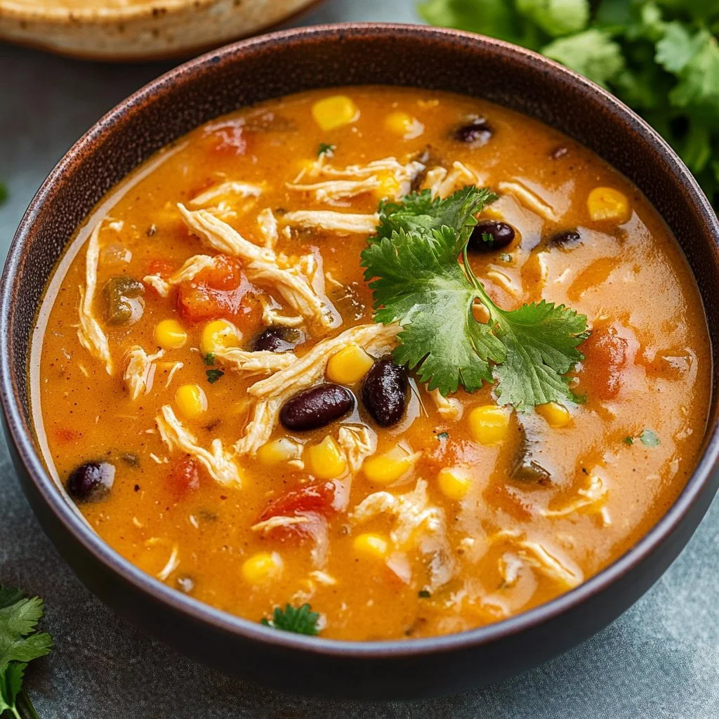 Creamy chicken tortilla soup served in a bowl with tortilla strips and garnishes