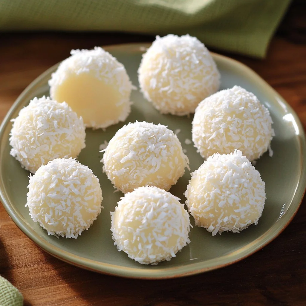 Delicious creamy coconut candies displayed on a wooden platter.
