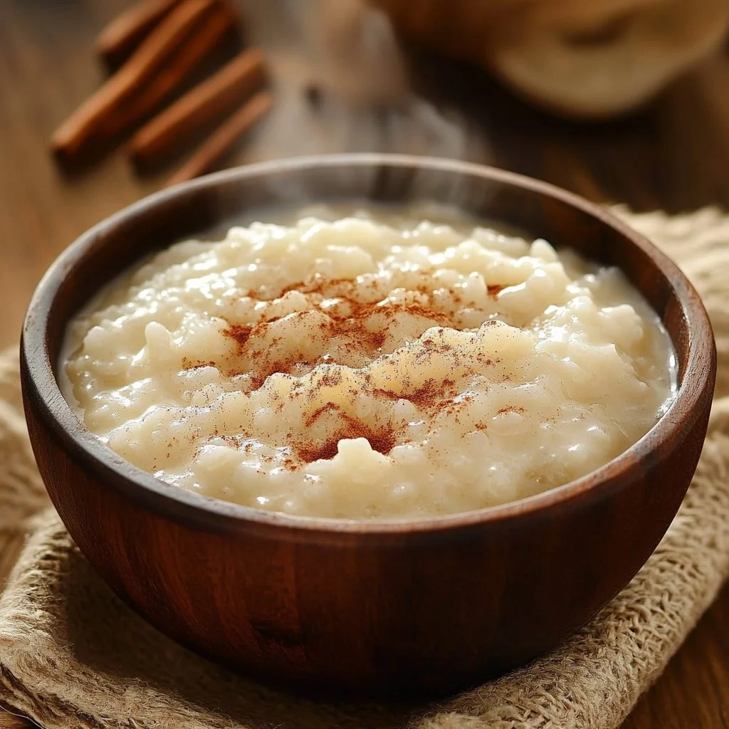 Bowl of creamy rice pudding made with condensed milk, topped with cinnamon.