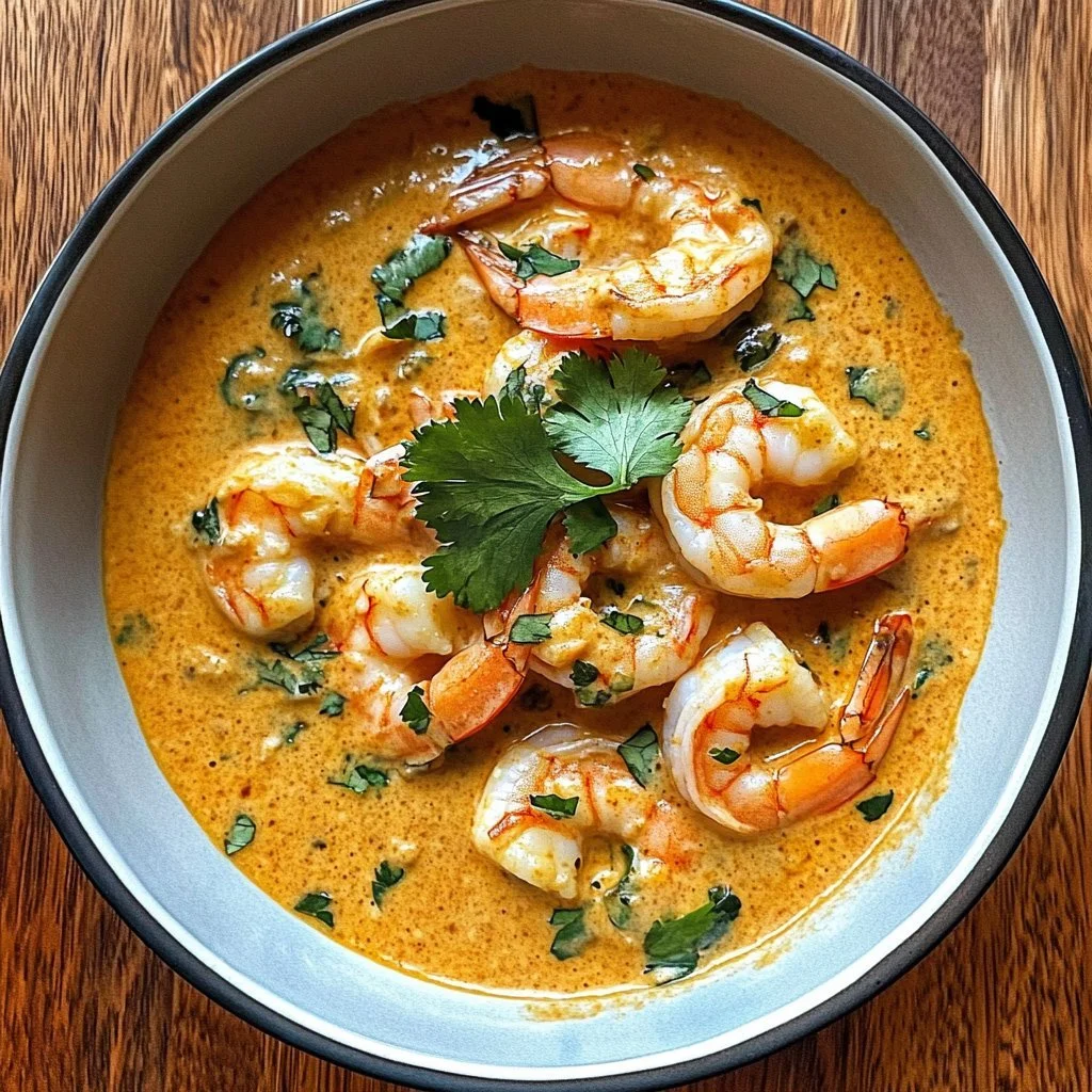 Plate of creamy Thai coconut shrimp curry with vibrant vegetables