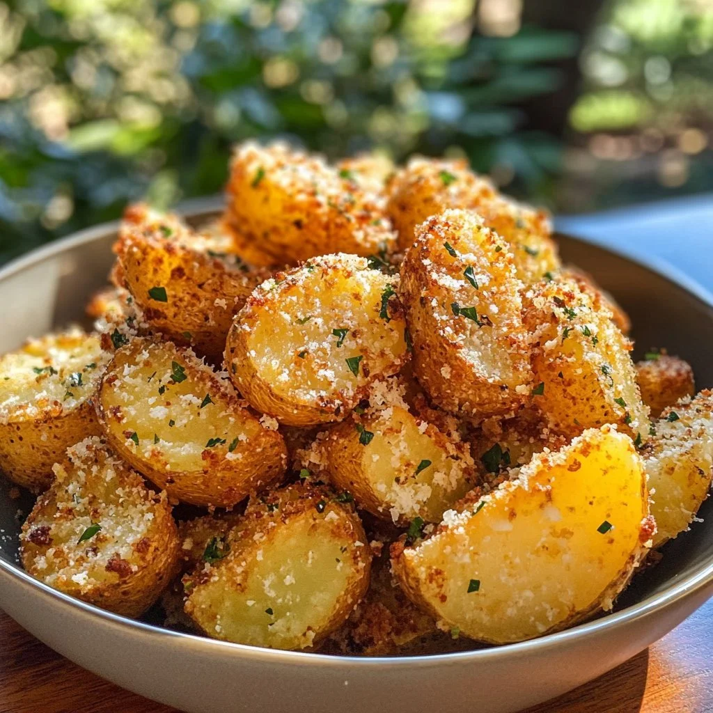 Crispy Parmesan Potatoes garnished with herbs on a plate