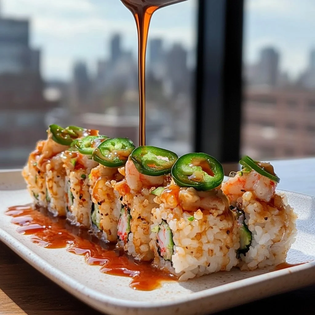 A vibrant plate of Crispy Rice topped with Spicy Shrimp Salad, showcasing fresh ingredients.