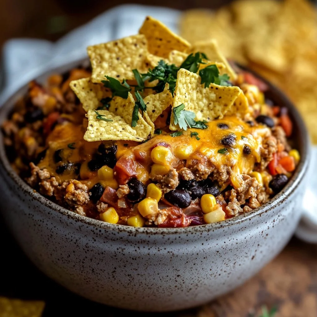 Delicious Crockpot taco casserole with layers of flavors and ingredients