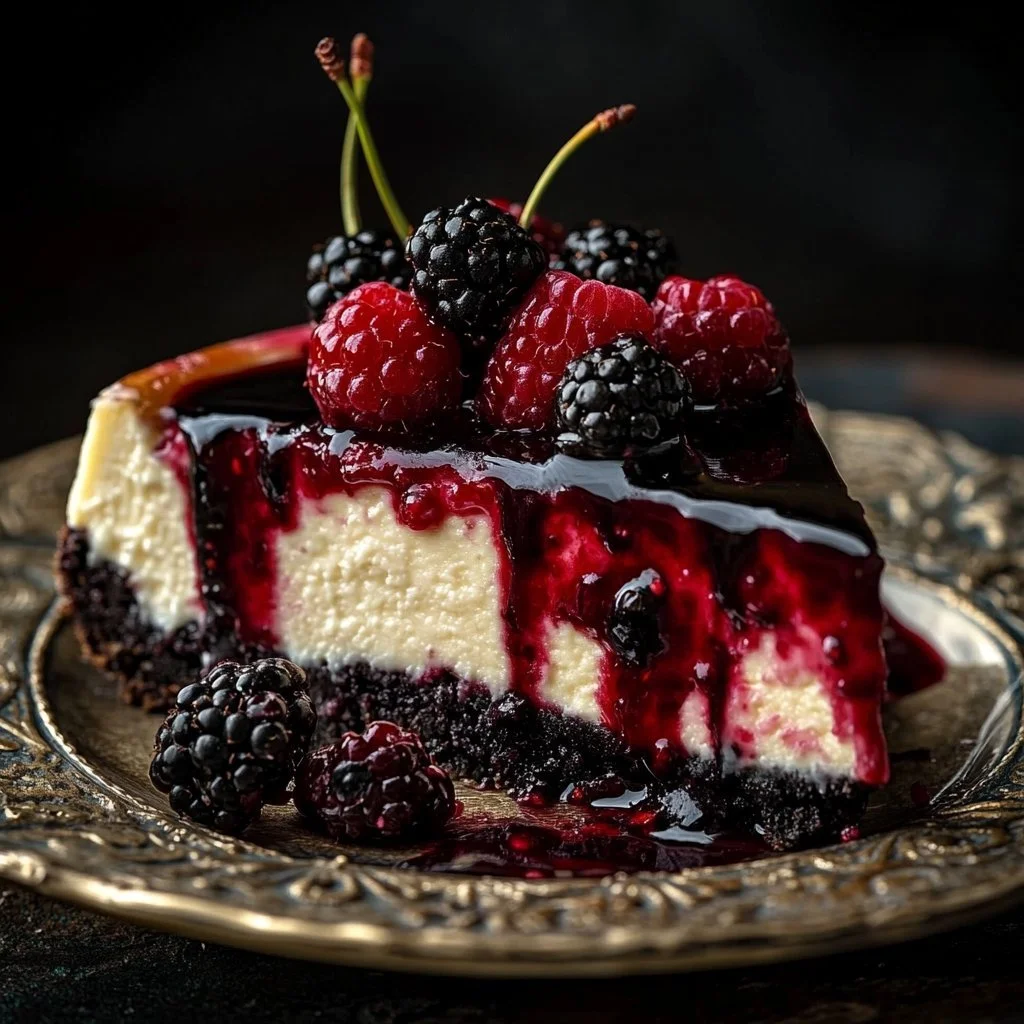 Decadent Black Forest Cheesecake topped with cherries and cream