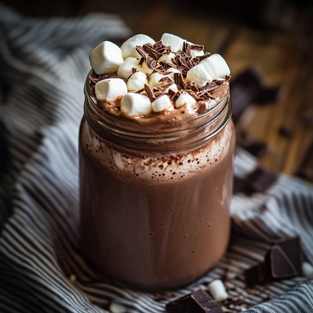 A cup of decadent whipped hot chocolate topped with whipped cream and chocolate shavings.