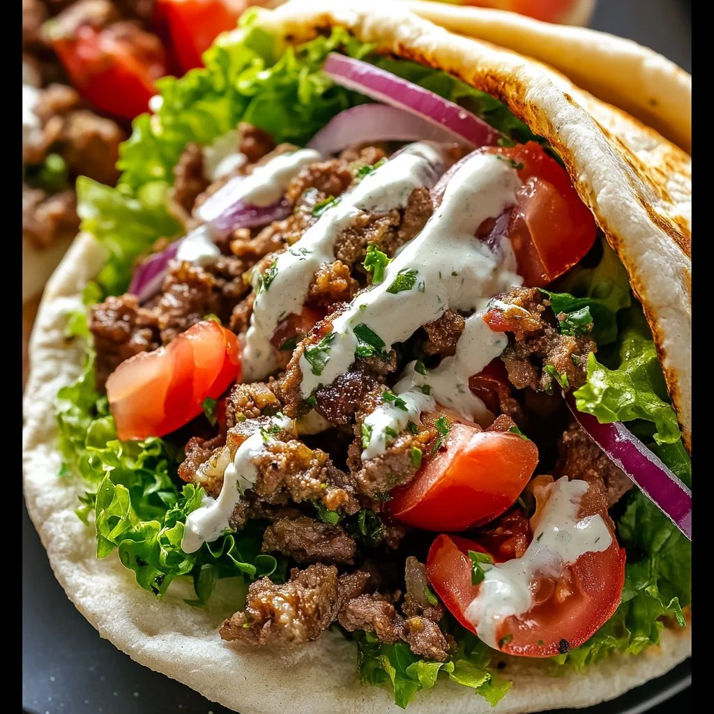 Delicious ground lamb gyros wrapped in pita with fresh veggies and sauce