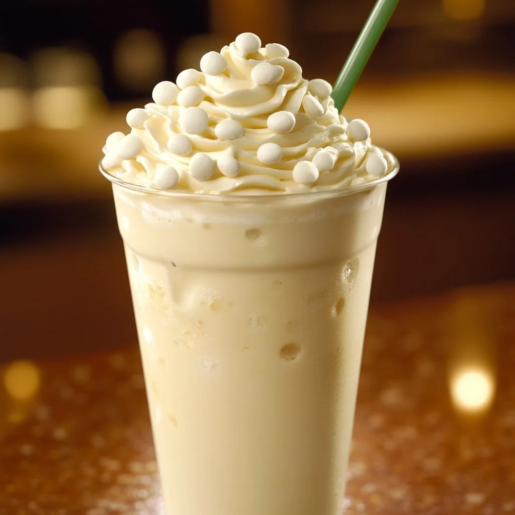 Homemade vanilla bean frappe in a glass with whipped cream and vanilla bean sprinkles