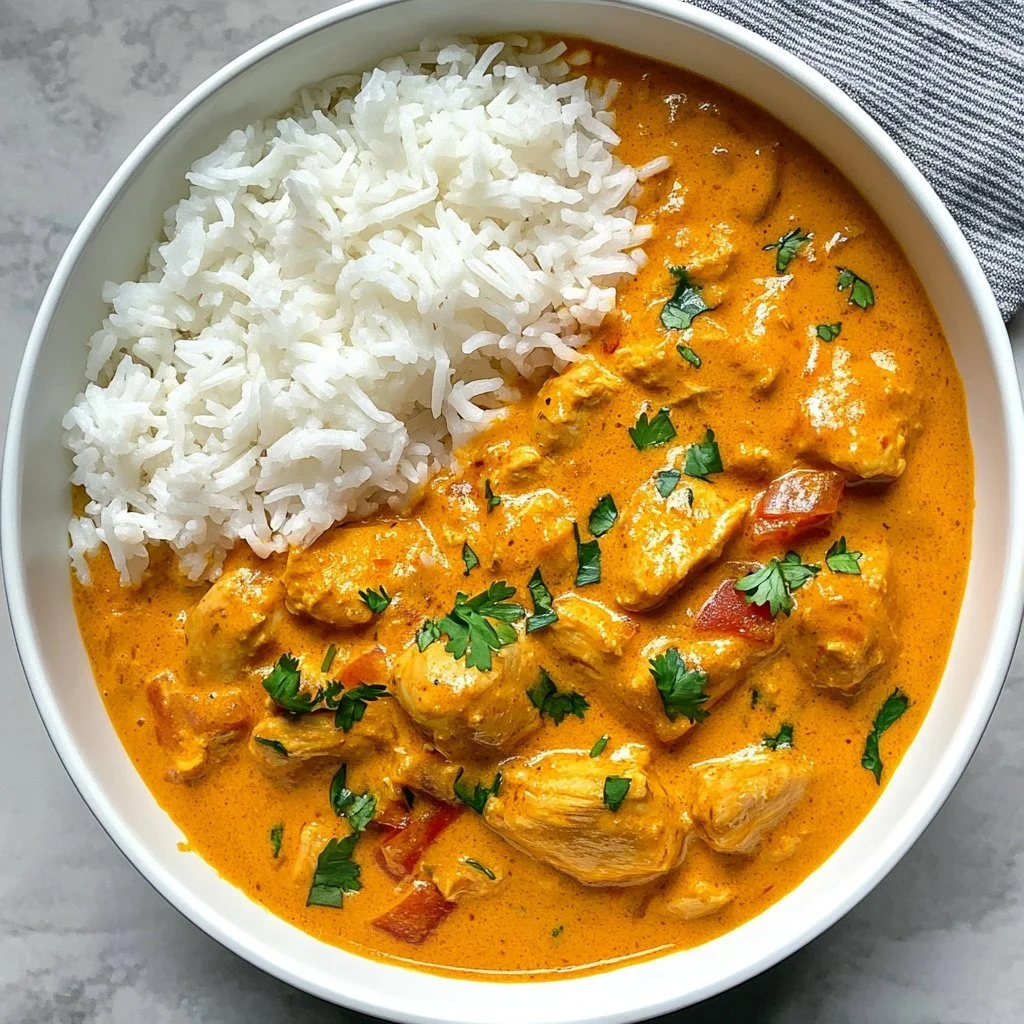 Bowl of easy and healthy coconut chicken curry with fresh ingredients.