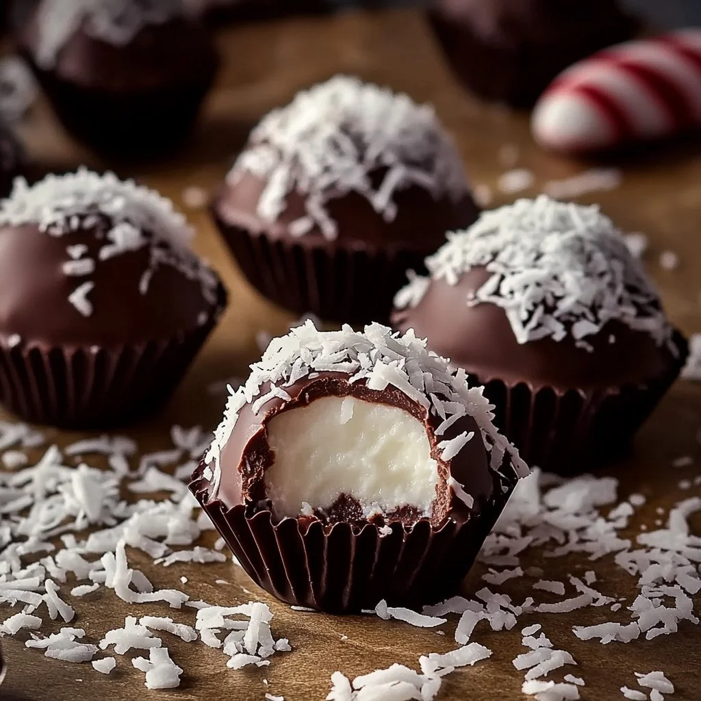 Delicious coconut cream truffles, ideal holiday treats, coated in chocolate.