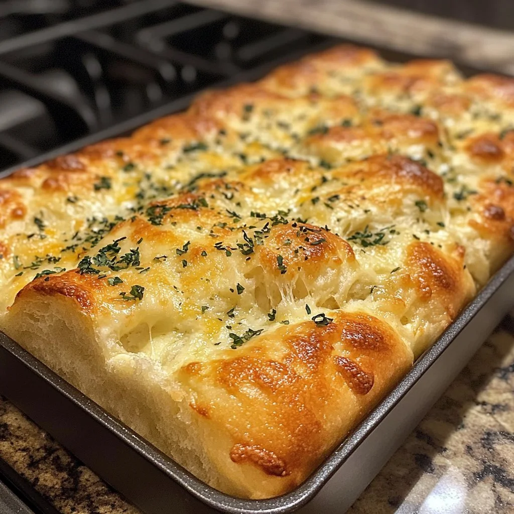 Fluffy no-knead cheesy bread ready to be served on a wooden table