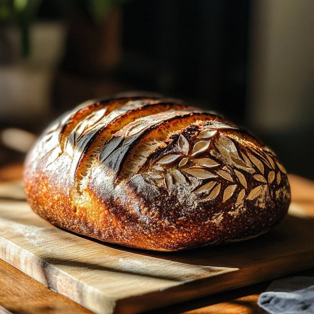 Freshly baked easy sourdough loaf with a golden crust