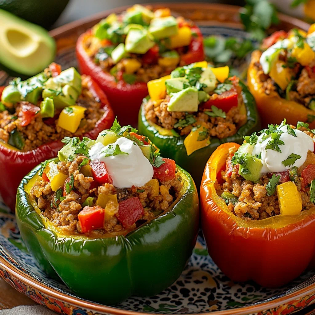 Taco stuffed peppers fresh out of the oven, garnished with cheese and herbs