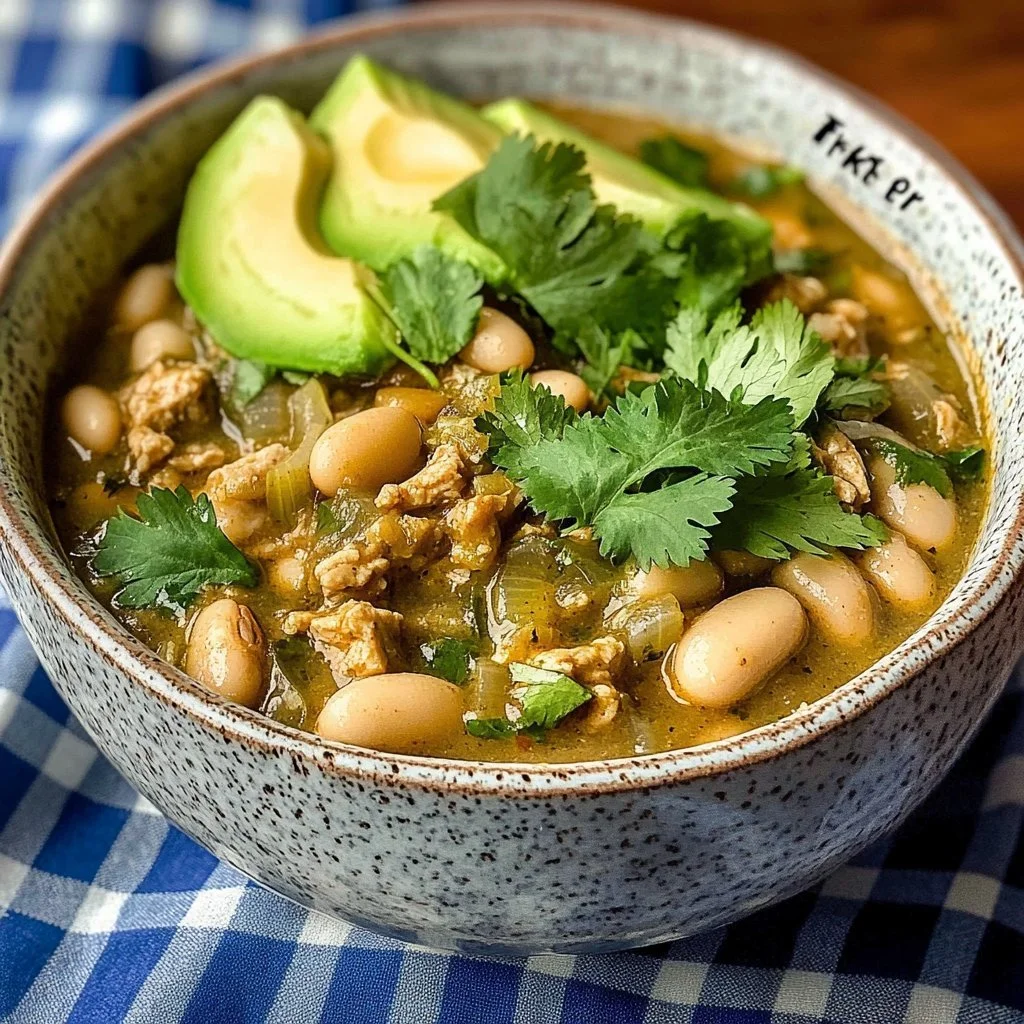 Bowl of easy white bean turkey chili verde topped with cilantro and lime.