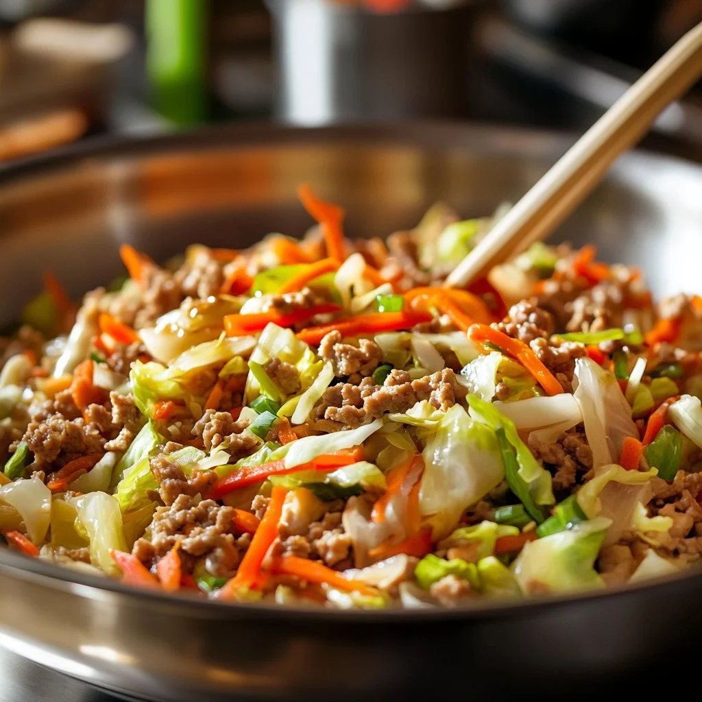 Delicious Egg Roll in a Bowl served with vibrant vegetables and seasonings.