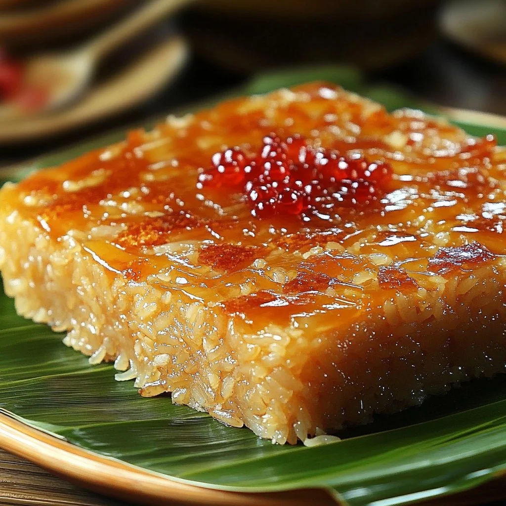 Filipino Sticky Rice Cake Suman served on a banana leaf.