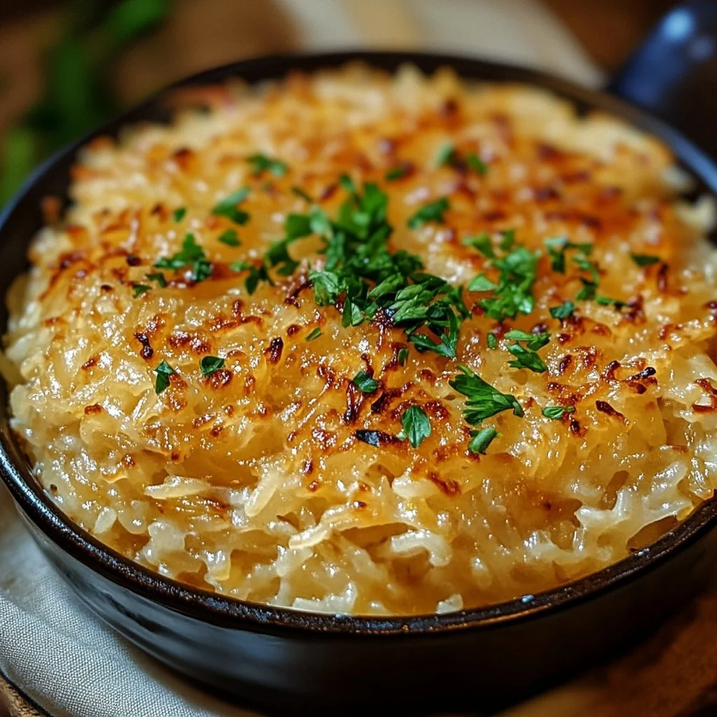 Bowl of creamy French Onion Soup Rice topped with melted cheese and herbs