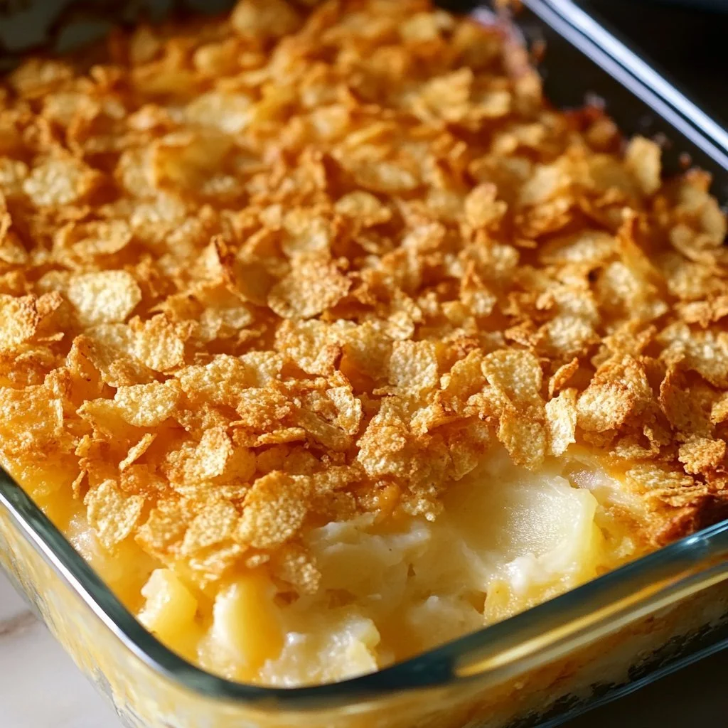 A dish of funeral potatoes topped with crispy breadcrumbs and cheese