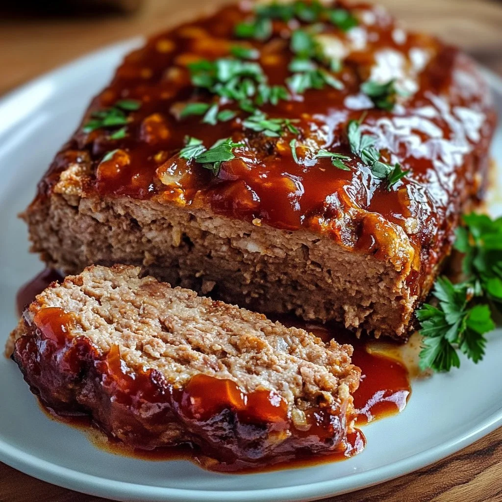 Garlic Butter Turkey Meatloaf served on a plate with fresh herbs