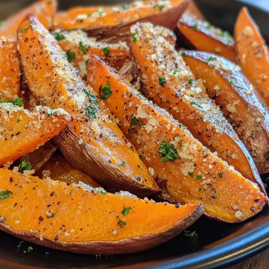 Golden Garlic Parmesan Sweet Potato Wedges served in a bowl
