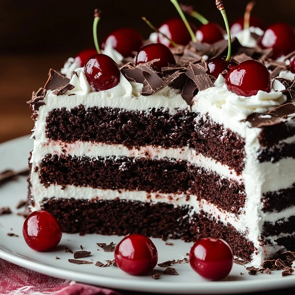 Slice of German Black Forest Cake with chocolate, cherries, and whipped cream