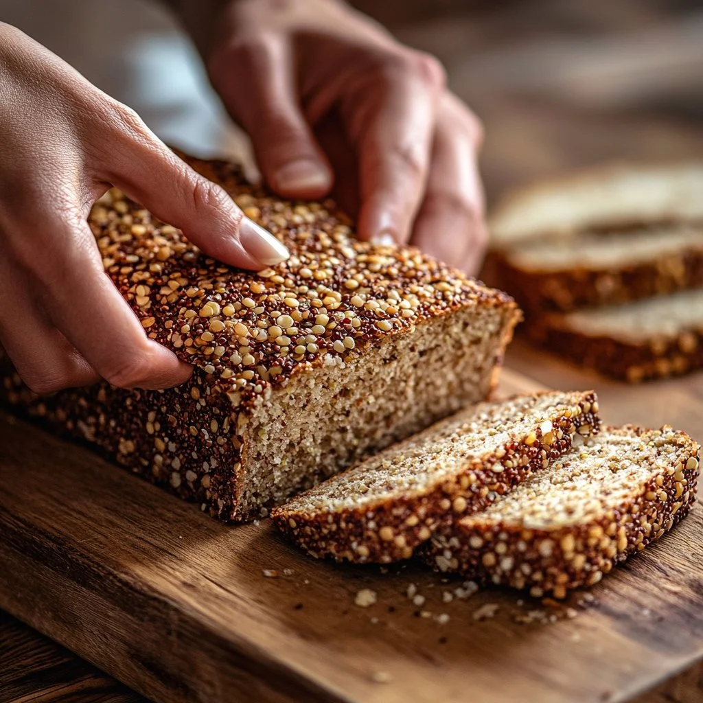 Loaf of gluten-free red lentil quinoa bread on a wooden cutting board