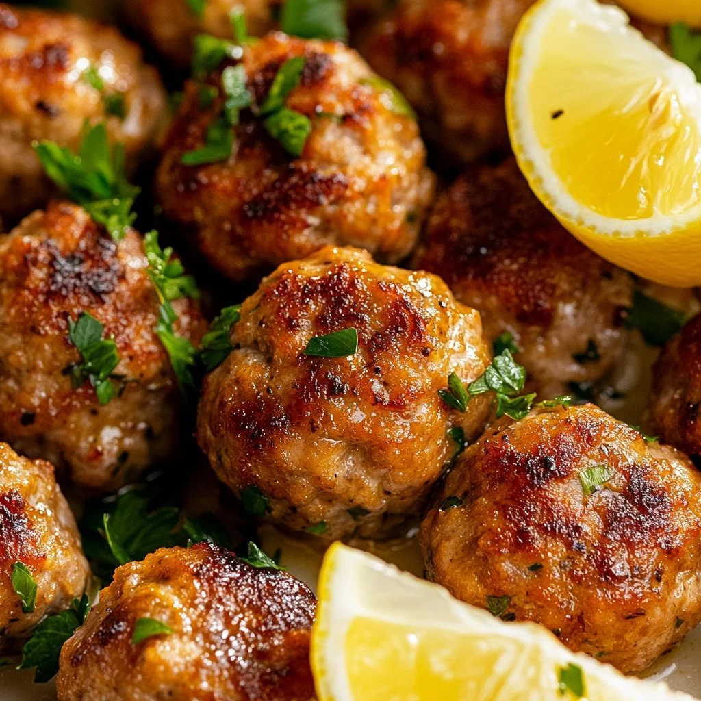 Plate of Greek Turkey Meatballs garnished with herbs