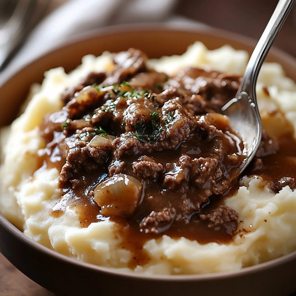 Ground beef and gravy served over mashed potatoes