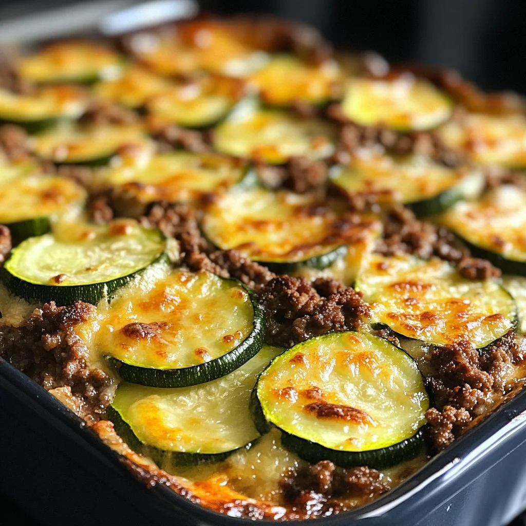 Ground beef and zucchini casserole served in a dish with melted cheese on top