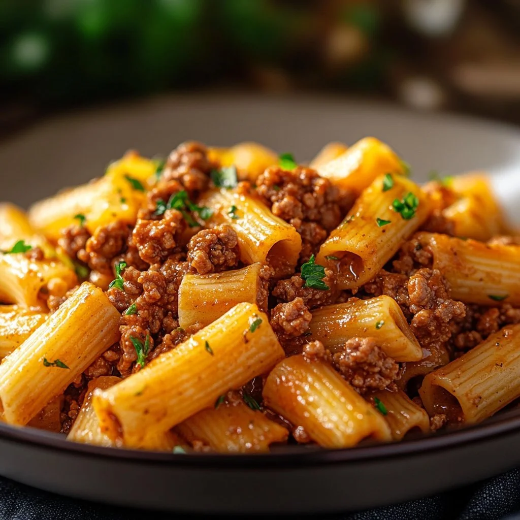Delicious ground beef pasta served with a rich tomato sauce and herbs