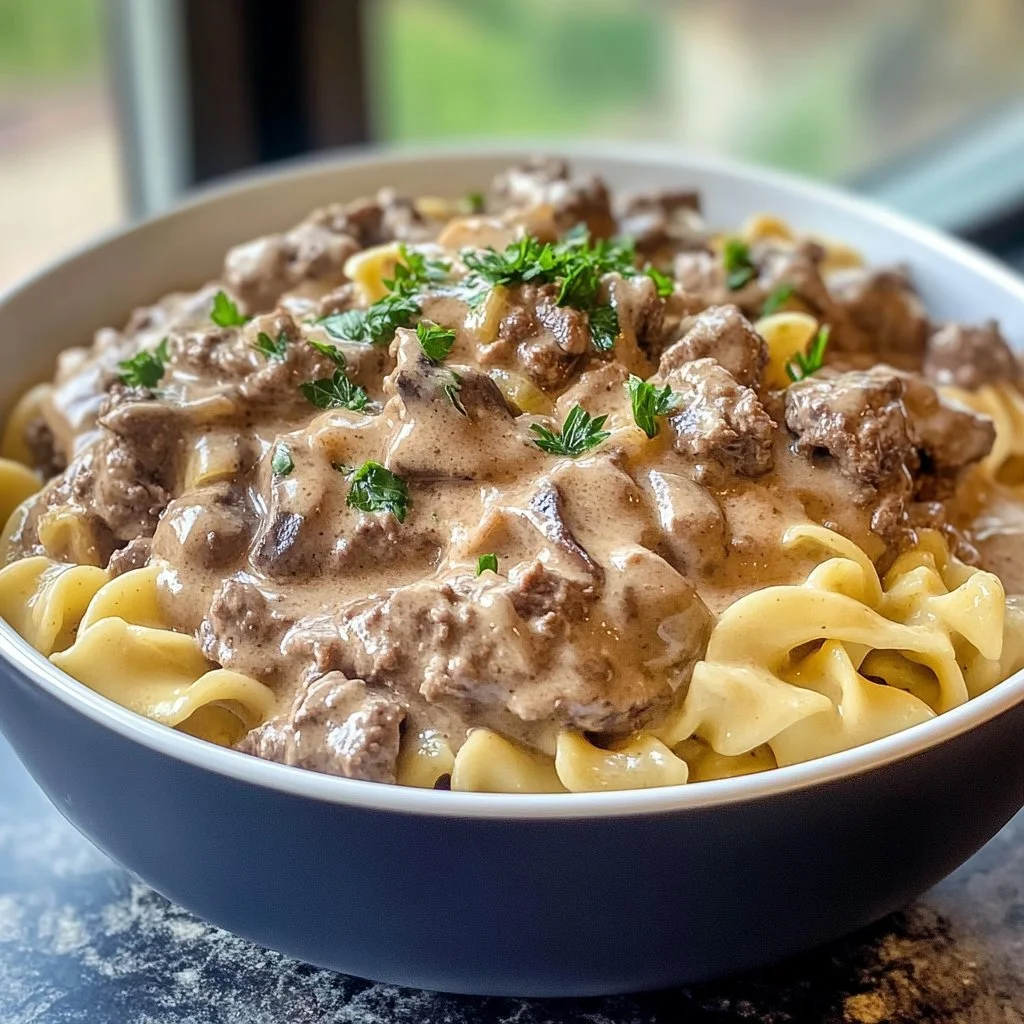 Creamy and flavorful ground beef stroganoff served over egg noodles