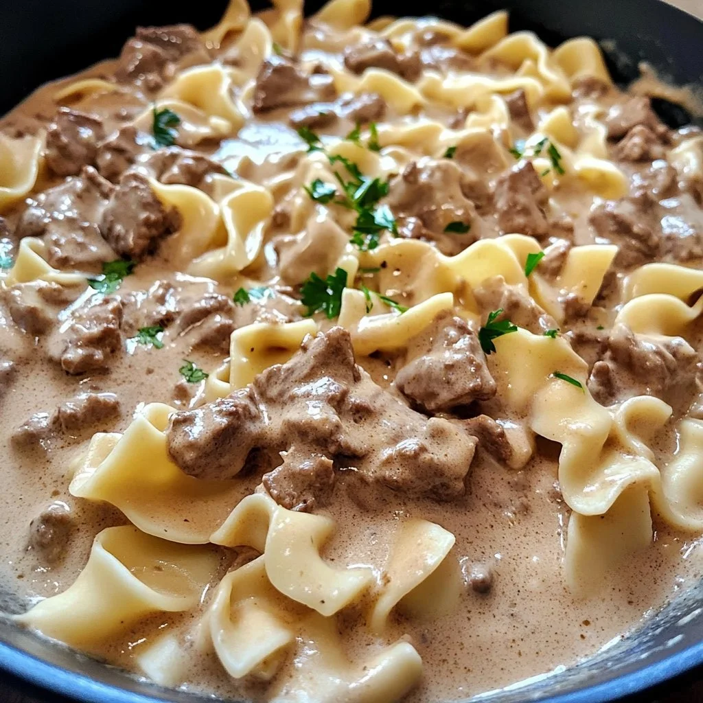 Delicious Ground Beef Stroganoff served with pasta in a creamy sauce