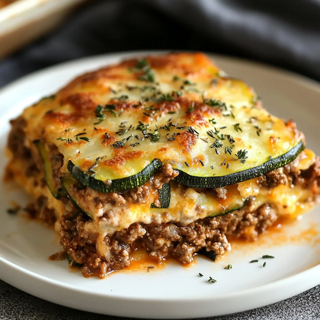 Ground beef zucchini casserole served on a plate with cheese topping