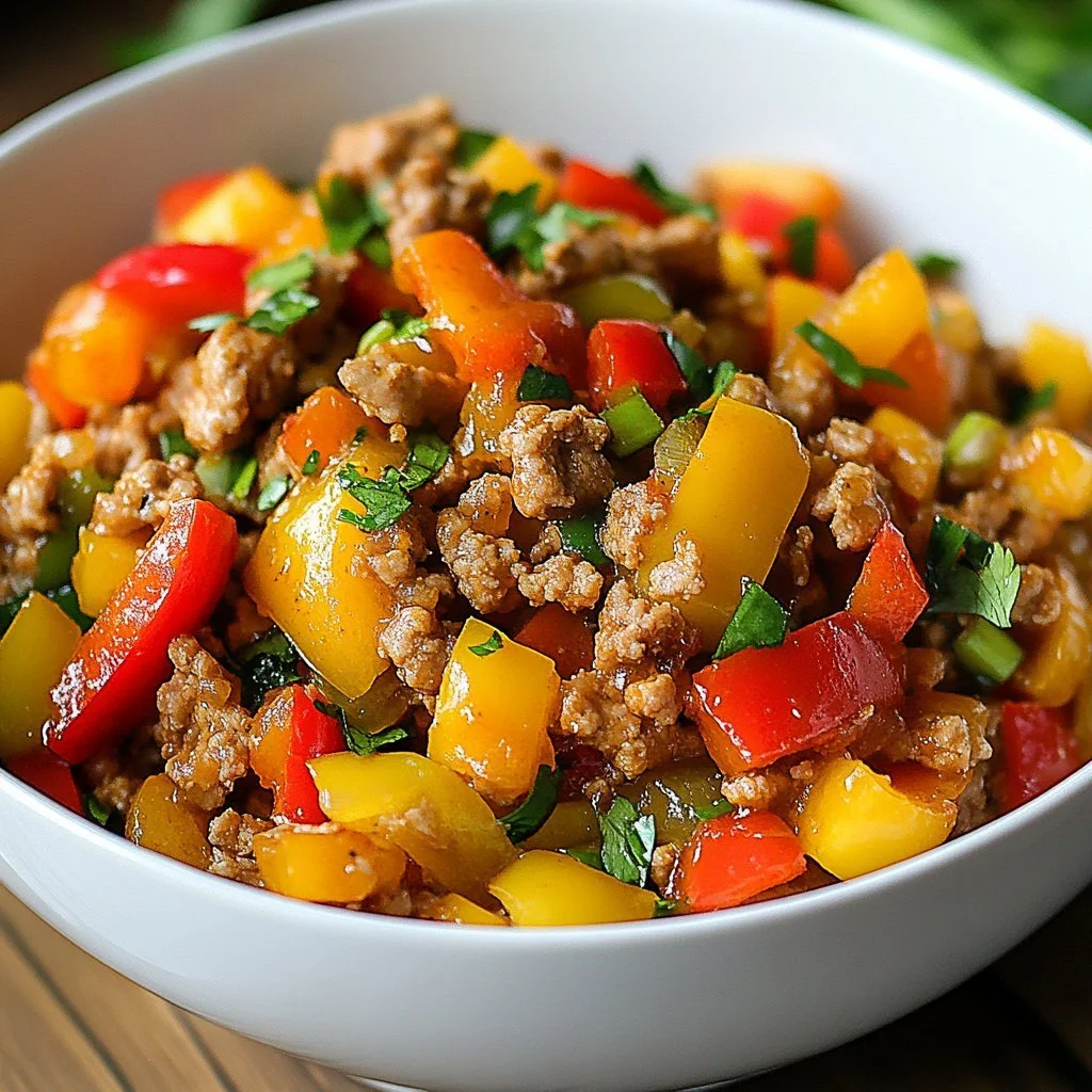Ground turkey and bell pepper stir-fry in a colorful skillet