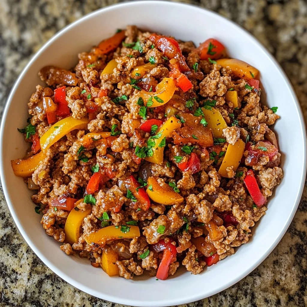 Ground turkey sautéed with colorful bell peppers in a healthy dish